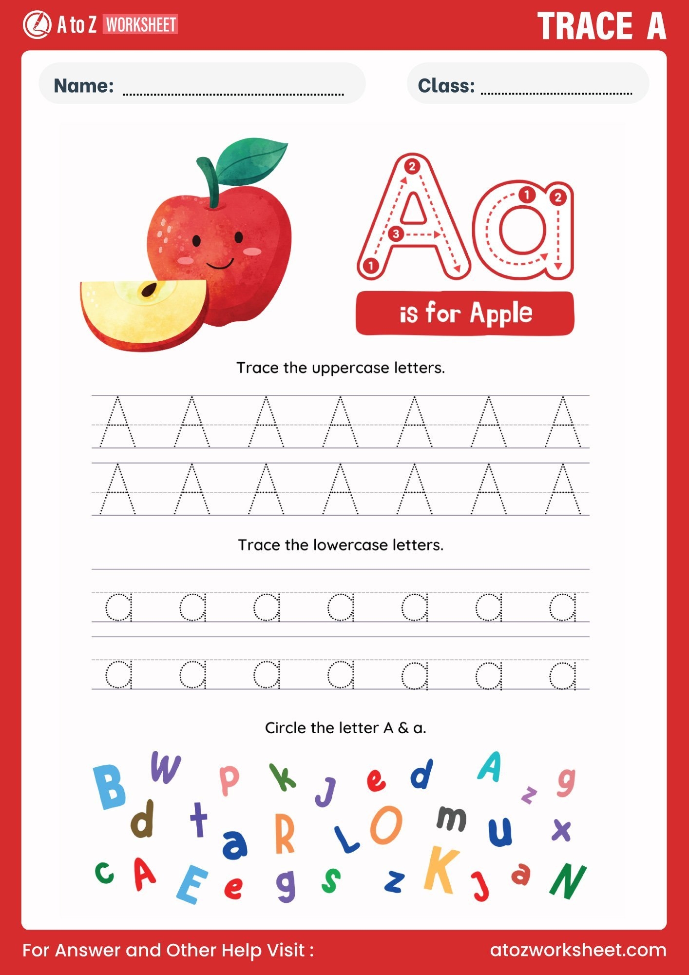 trace letter a worksheet