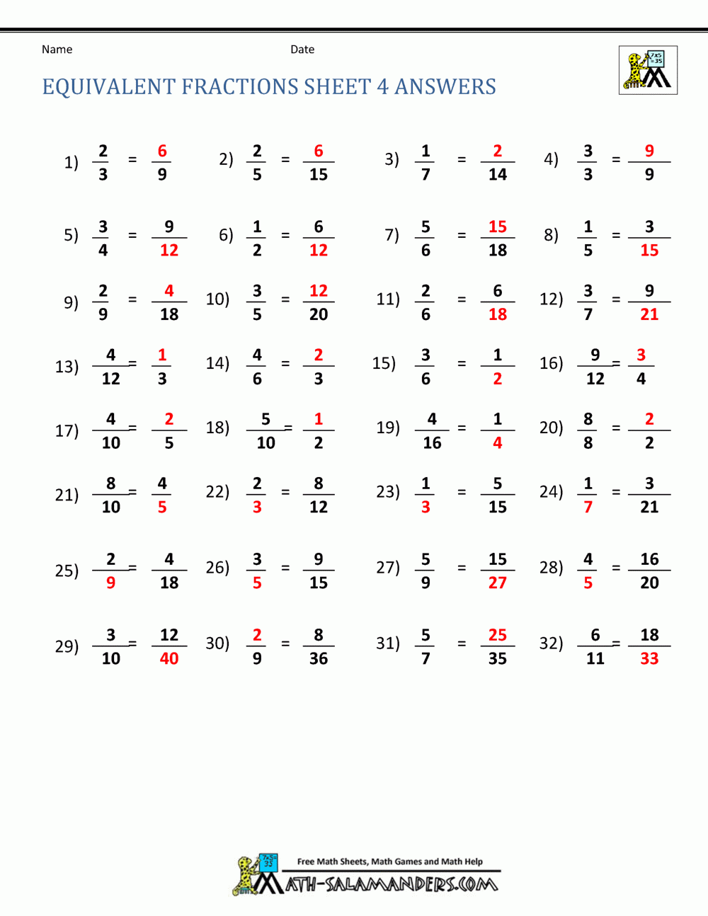 Equivalent Fractions Worksheet Equivalent Fractions Worksheet