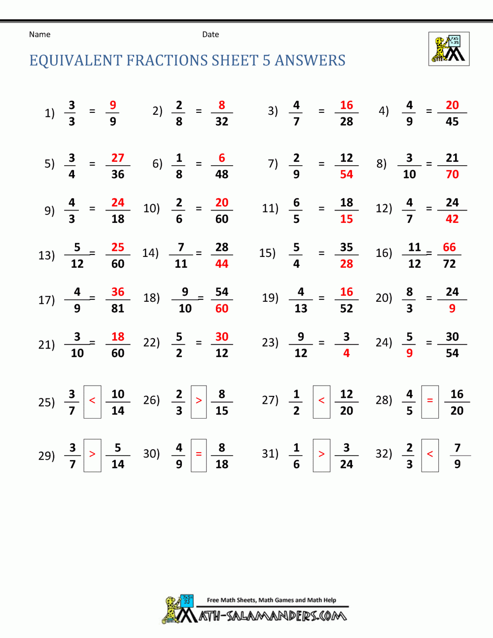 Equivalent Fractions Worksheet