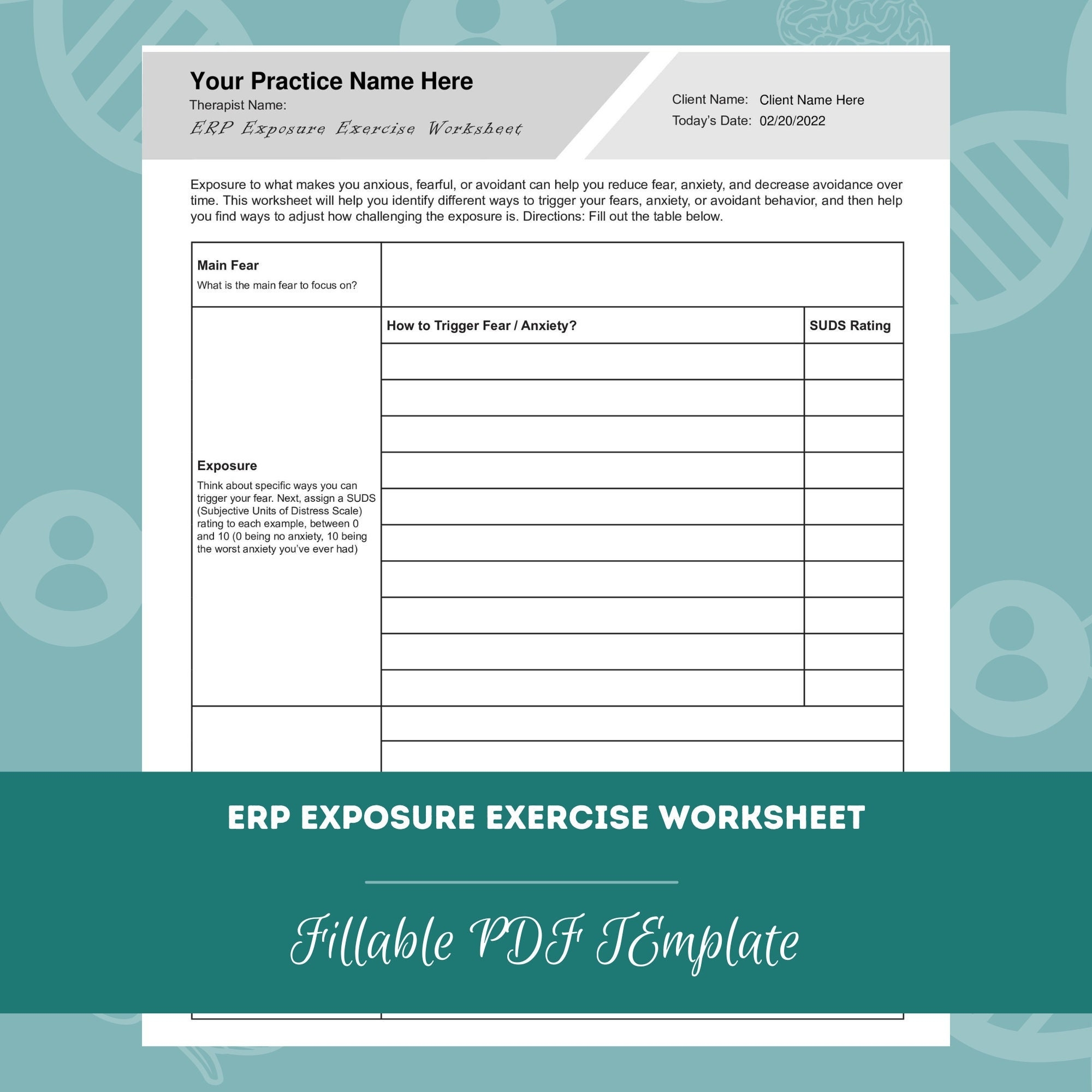 ERP Exposure Exercise Worksheet Editable Fillable PDF Template For Counselors Psychologists Therapists Etsy