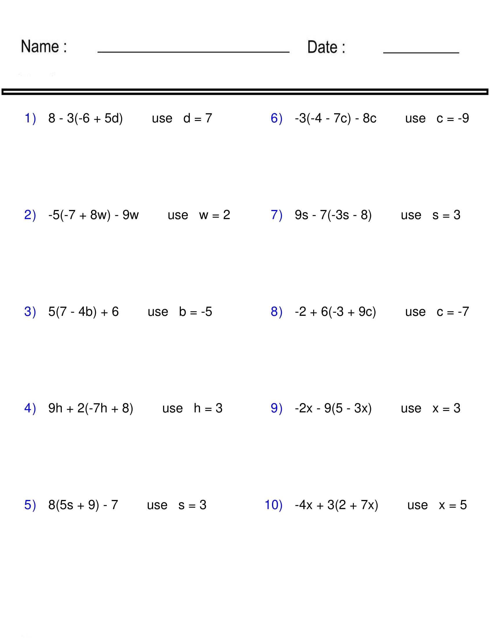 Evaluating Algebraic Expressions Worksheet One Variable Pre Algebra Made By Teachers
