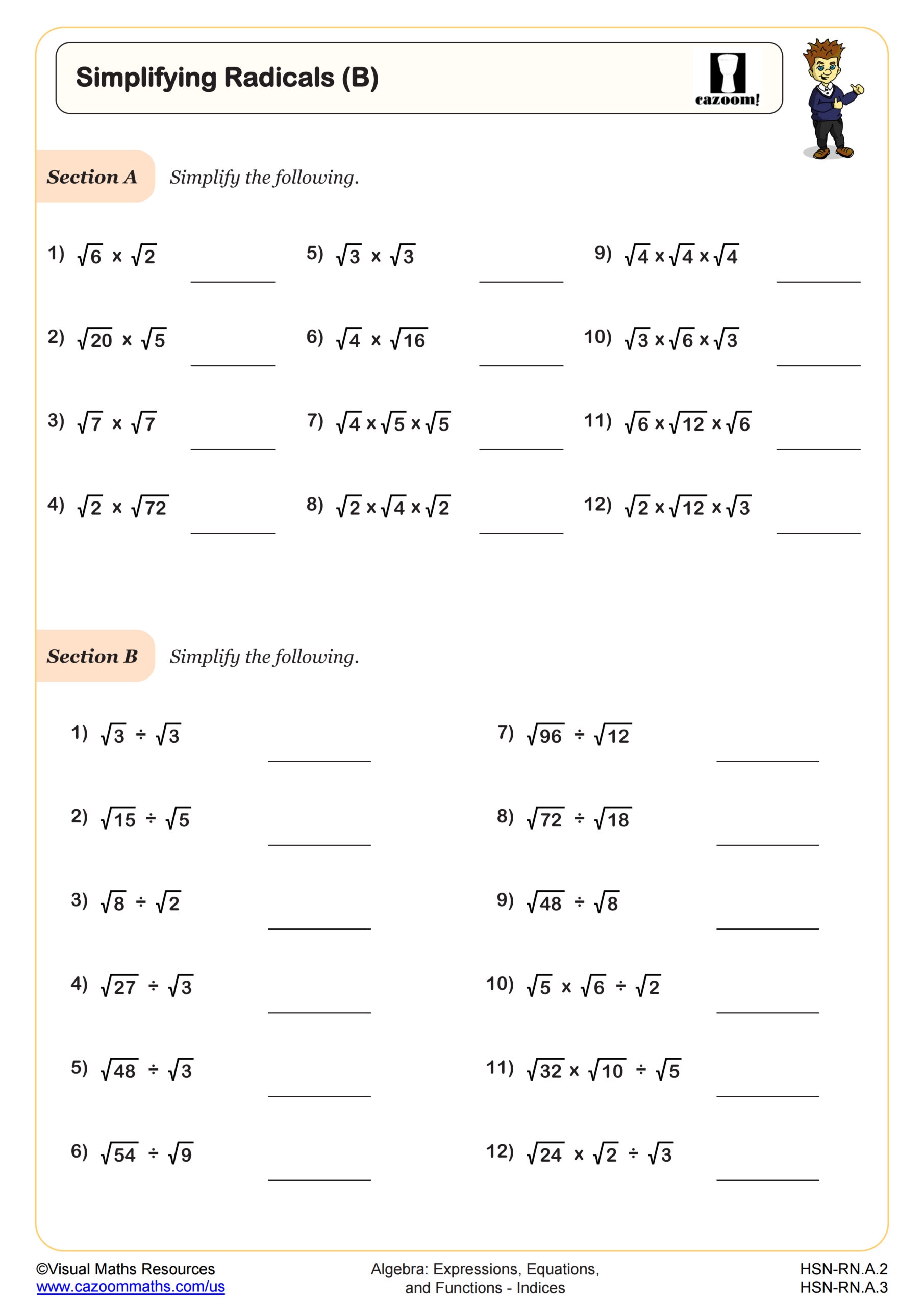 Evaluating Expressions With Radicals Worksheet PDF Printable Algebra Worksheet Cazoom Math