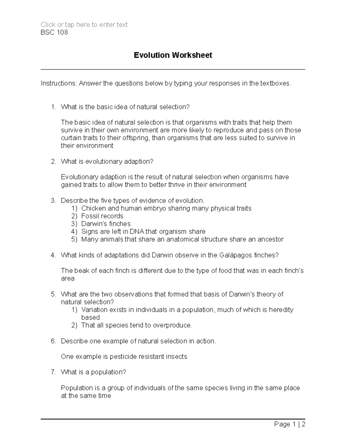 Evolution Worksheet Answers BSC 108 Module 11 Studocu Evolution Worksheet Answers BSC 108 Module 11 Studocu