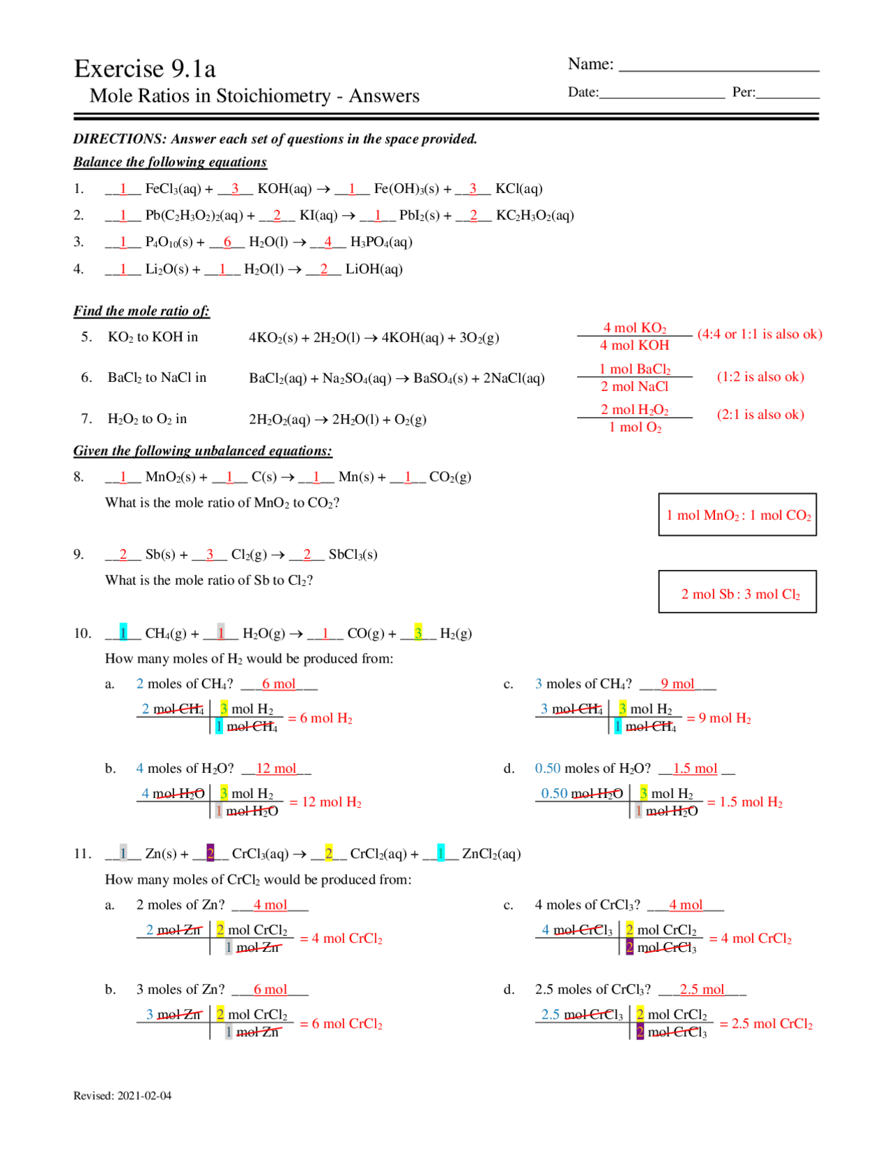 mole ratio worksheet answers
