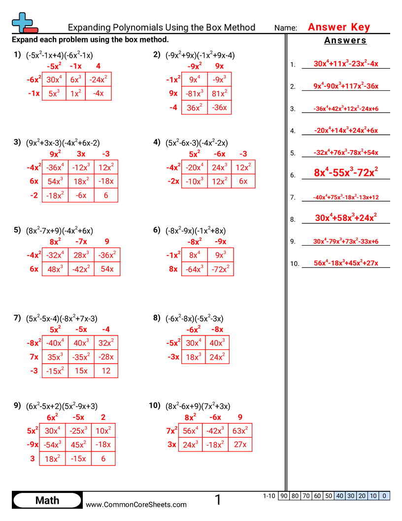 Expanding Polynomials Using The Box Method Worksheet Download