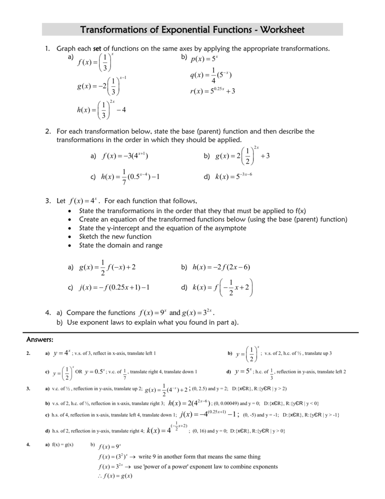 Exponential Function Transformations Worksheet Exponential Function Transformations Worksheet