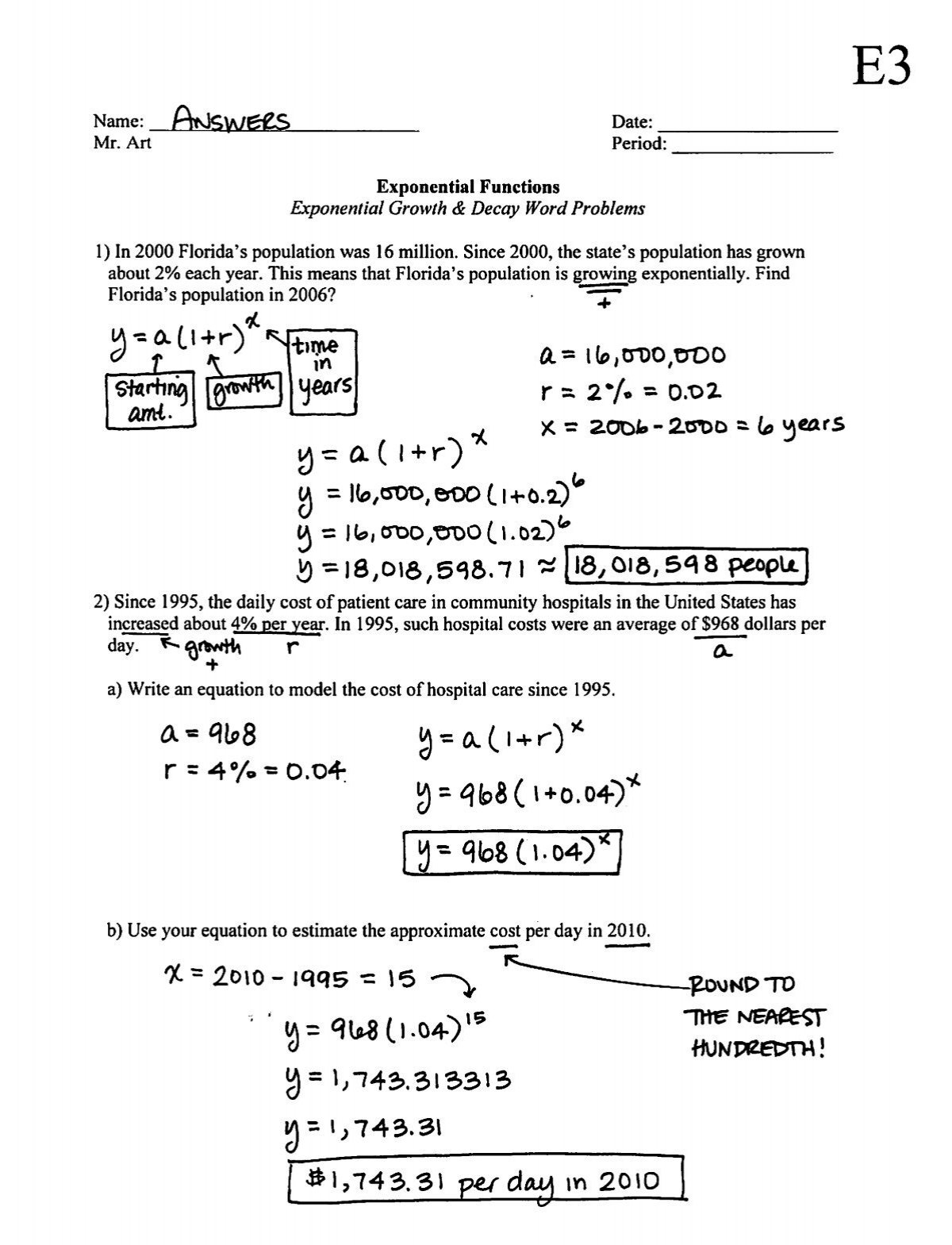 Exponential Functions Growth Decay Worksheet E3 Answers Exponential Functions Growth Decay Worksheet E3 Answers