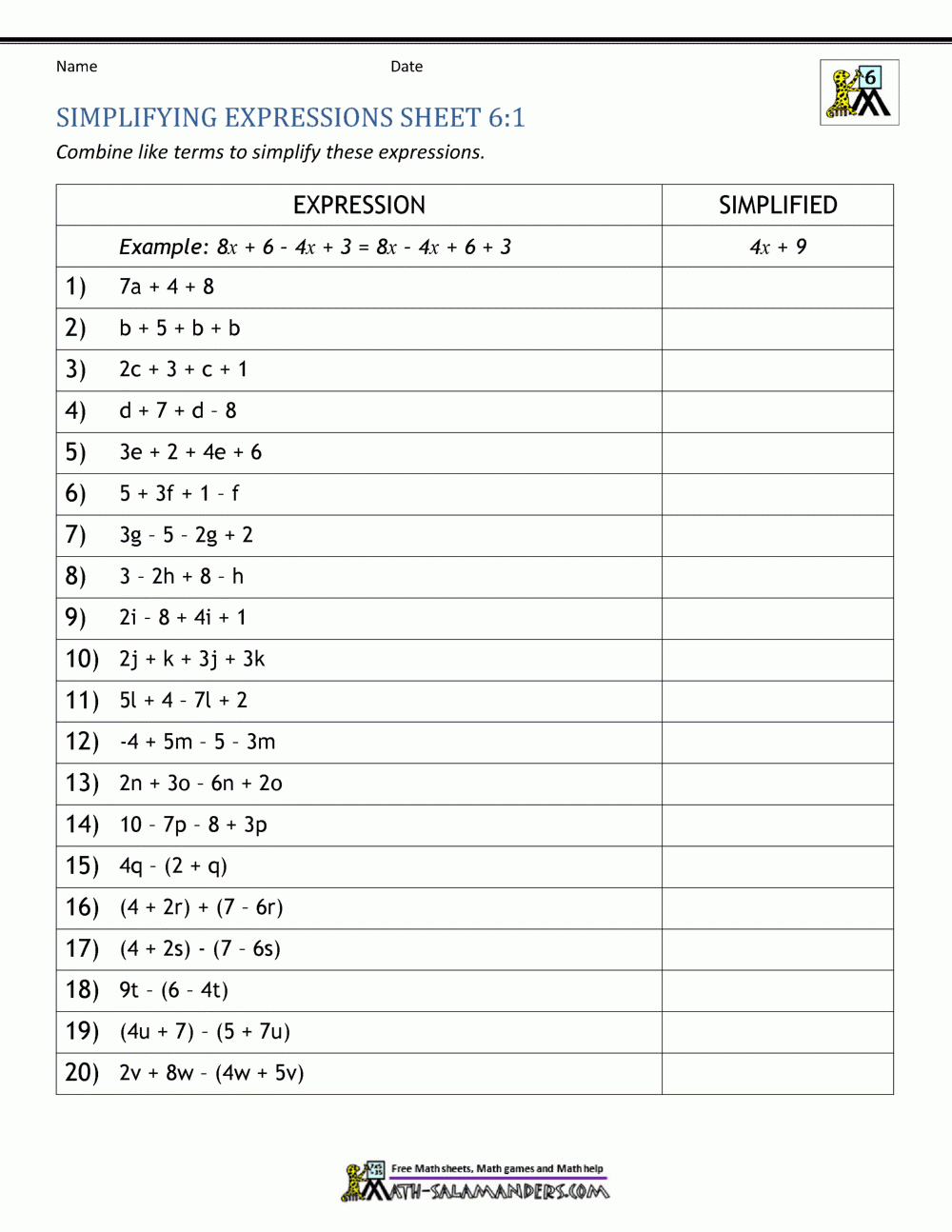 Expressions And Equations 6th Grade