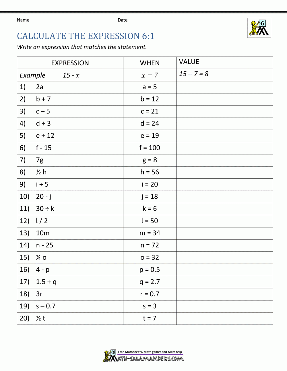 Expressions And Equations 6th Grade
