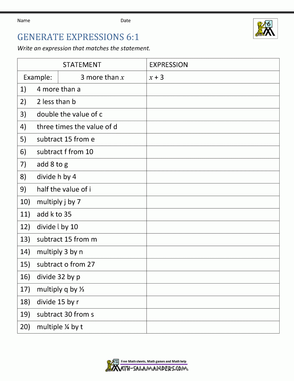 grade 6 algebraic expressions worksheets pdf