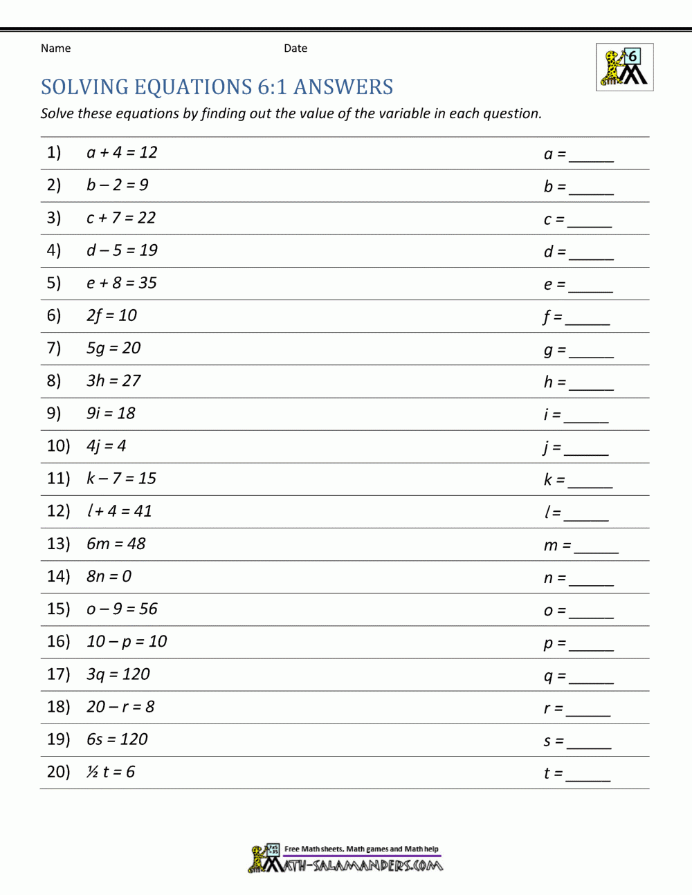 Expressions And Equations 6th Grade