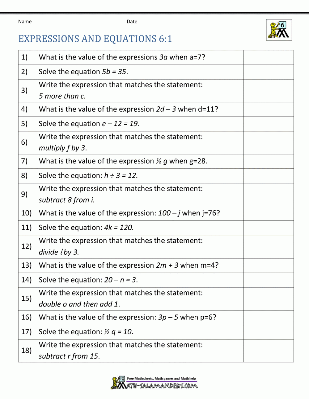 Expressions And Equations 6th Grade Expressions And Equations 6th Grade