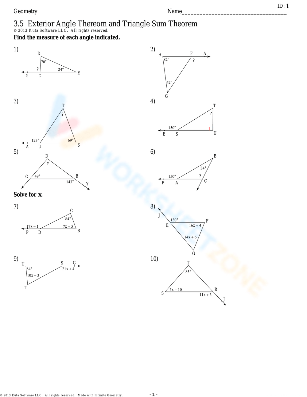 Exterior Angle Theorem Worksheets