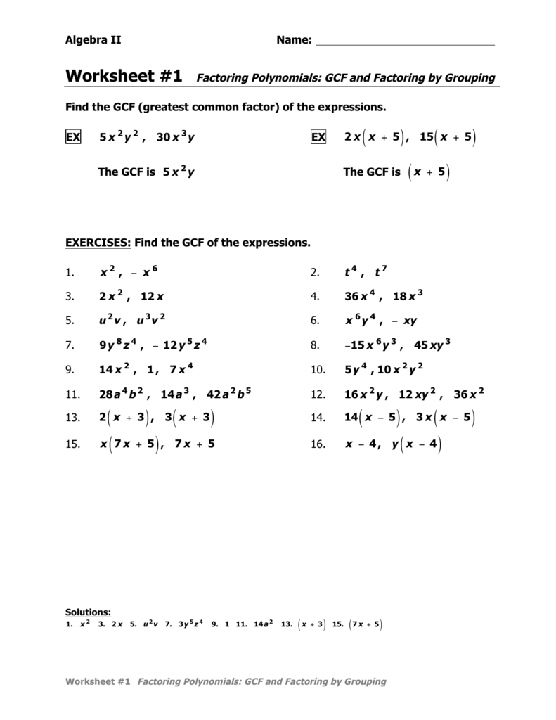 Factoring Polynomials GCF And Grouping Algebra II Worksheet Factoring Polynomials GCF And Grouping Algebra II Worksheet