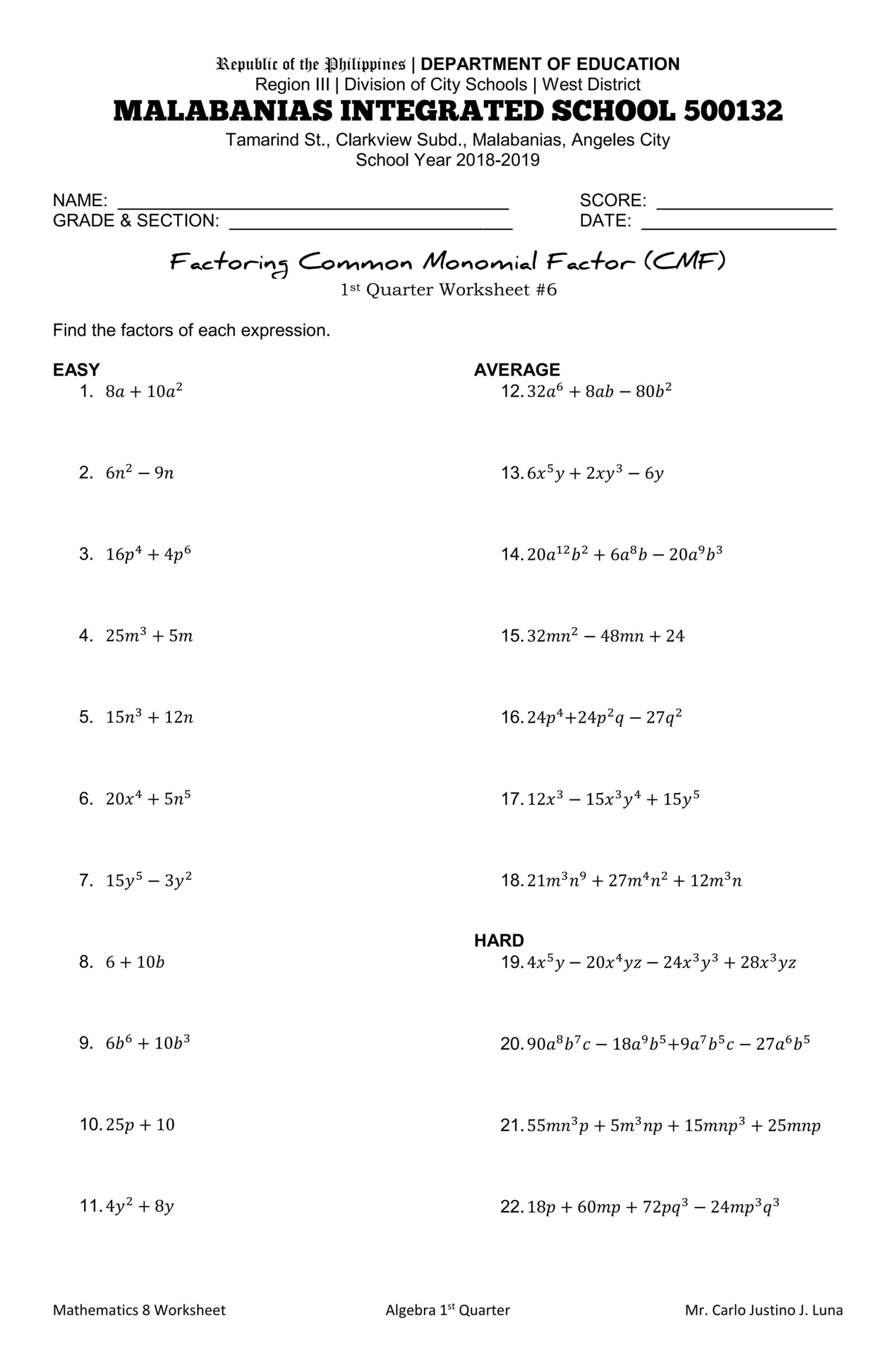 factoring worksheet with answers pdf