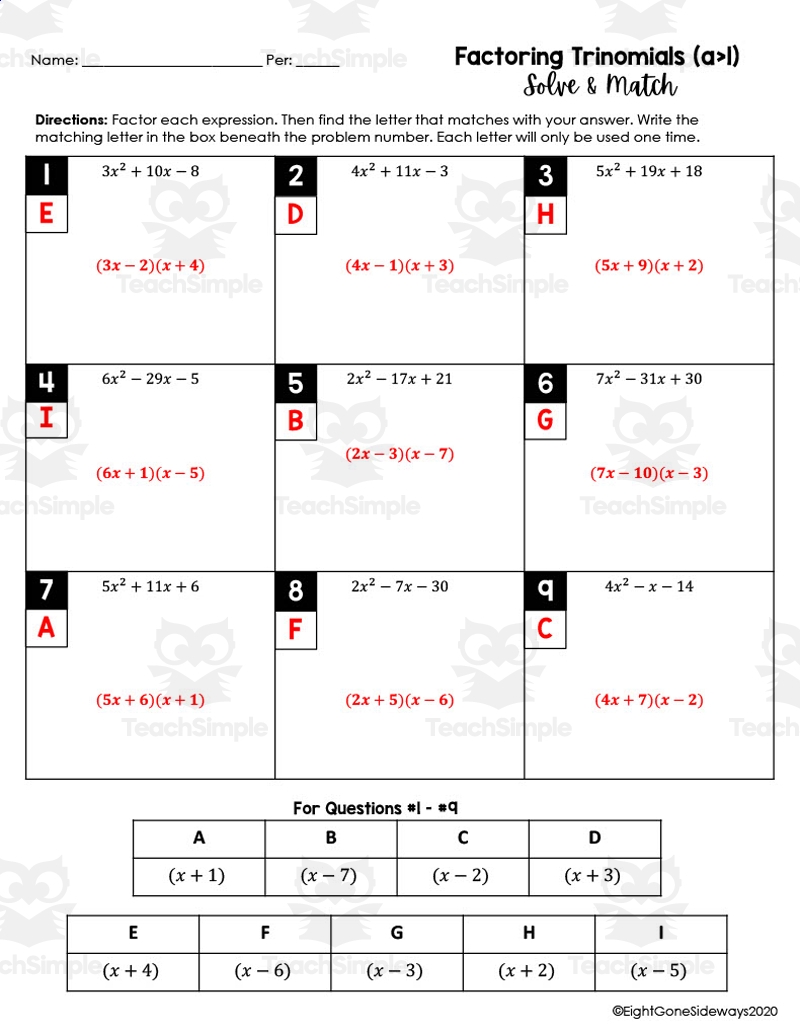 Factoring Trinomials a Is NOT 1 Solve Match Worksheet By Teach Simple Factoring Trinomials a Is NOT 1 Solve Match Worksheet By Teach Simple