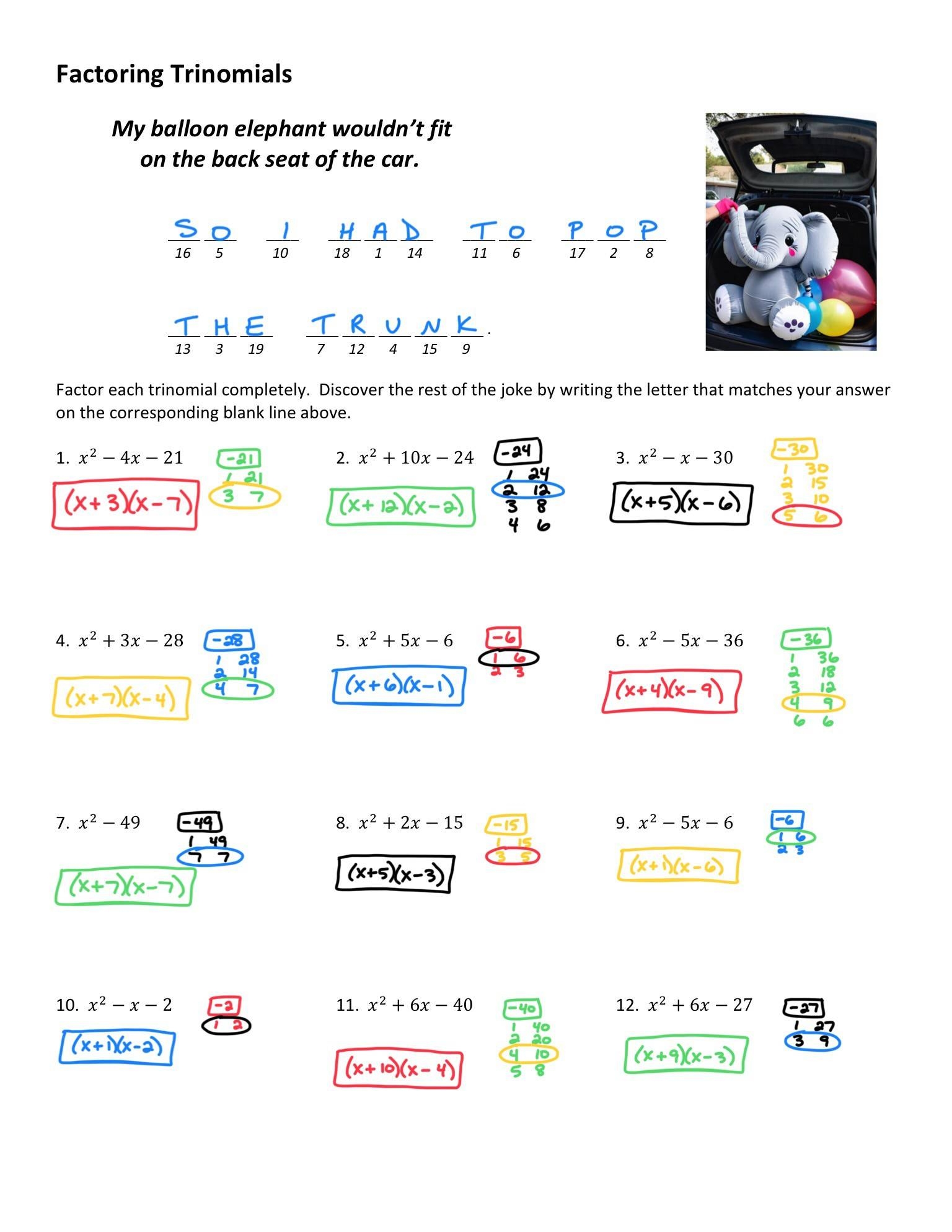 worksheet factoring trinomials answer key