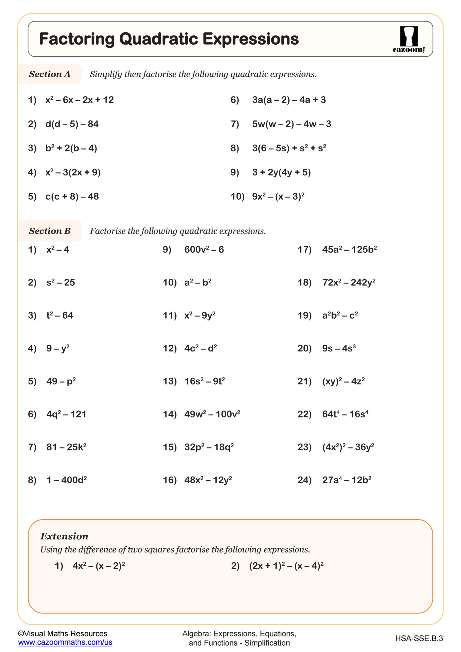 Factoring Trinomials Worksheet PDF Printable Algebra Worksheet Cazoom Math
