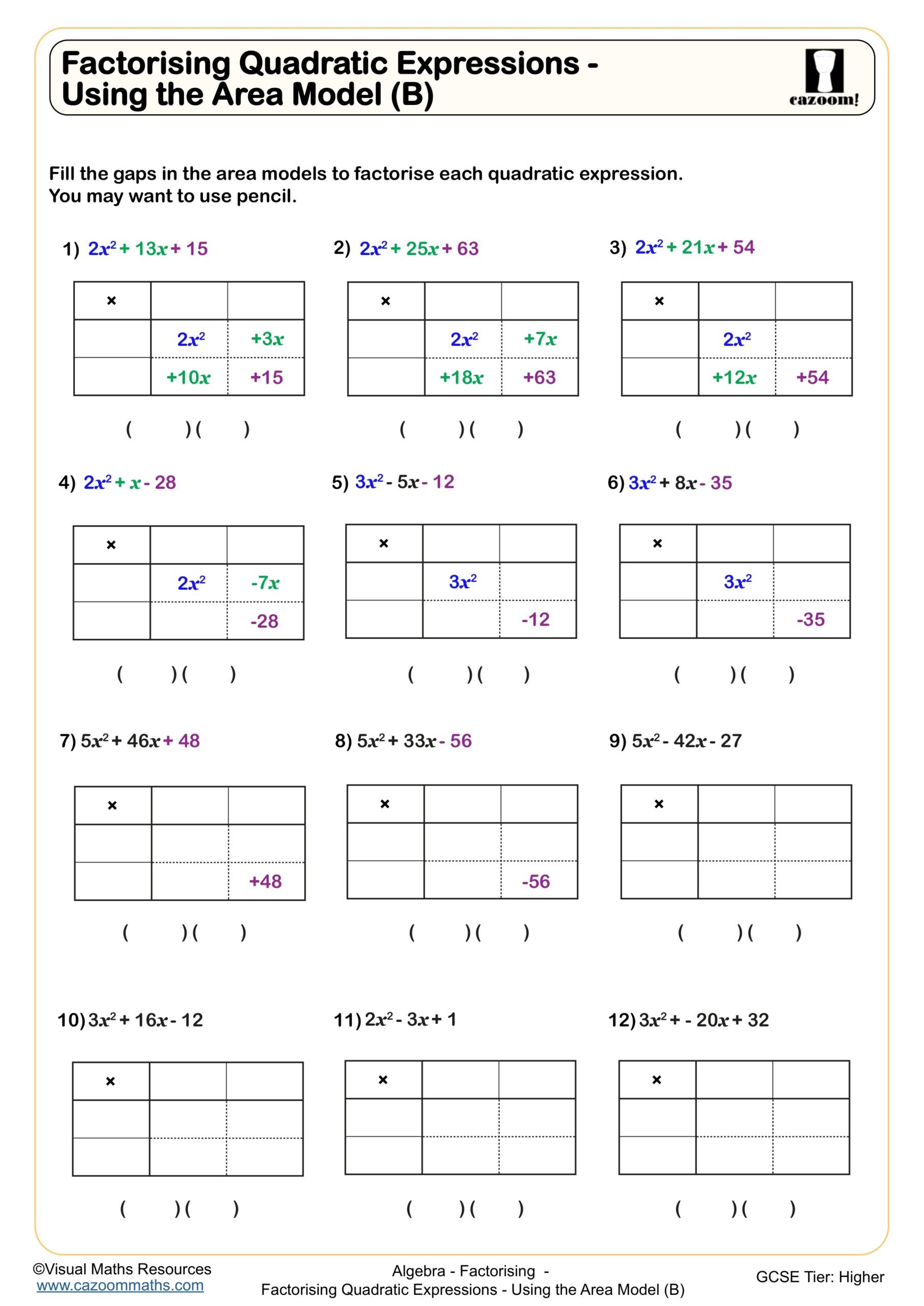 Factorising Quadratic Expressions Using The Area Model B Worksheet Printable PDF Year 10 And Year 11 Algebra Worksheet