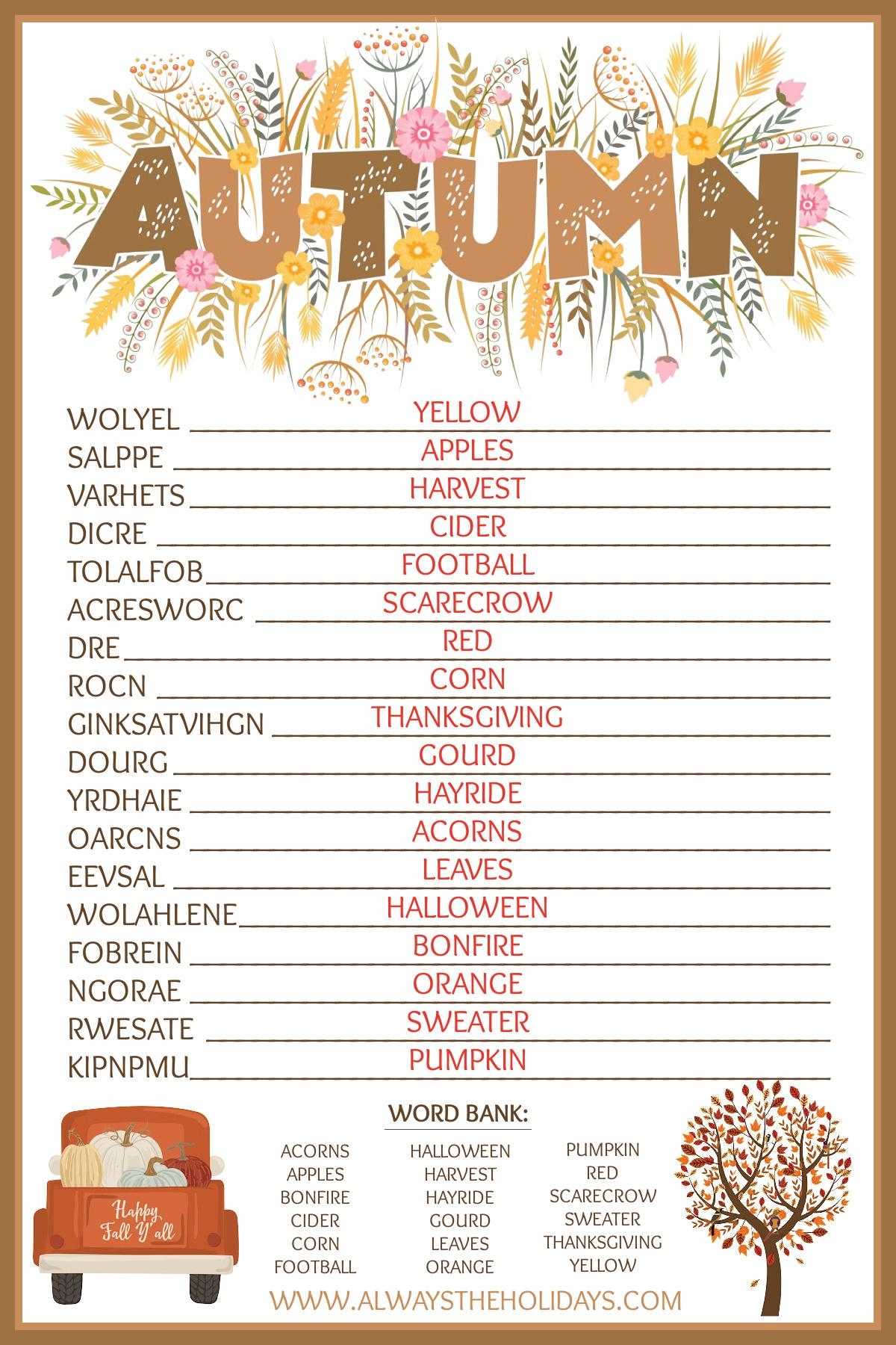 Fall Word Scramble With Answers Free Fall Printable Puzzle Fall Word Scramble With Answers Free Fall Printable Puzzle