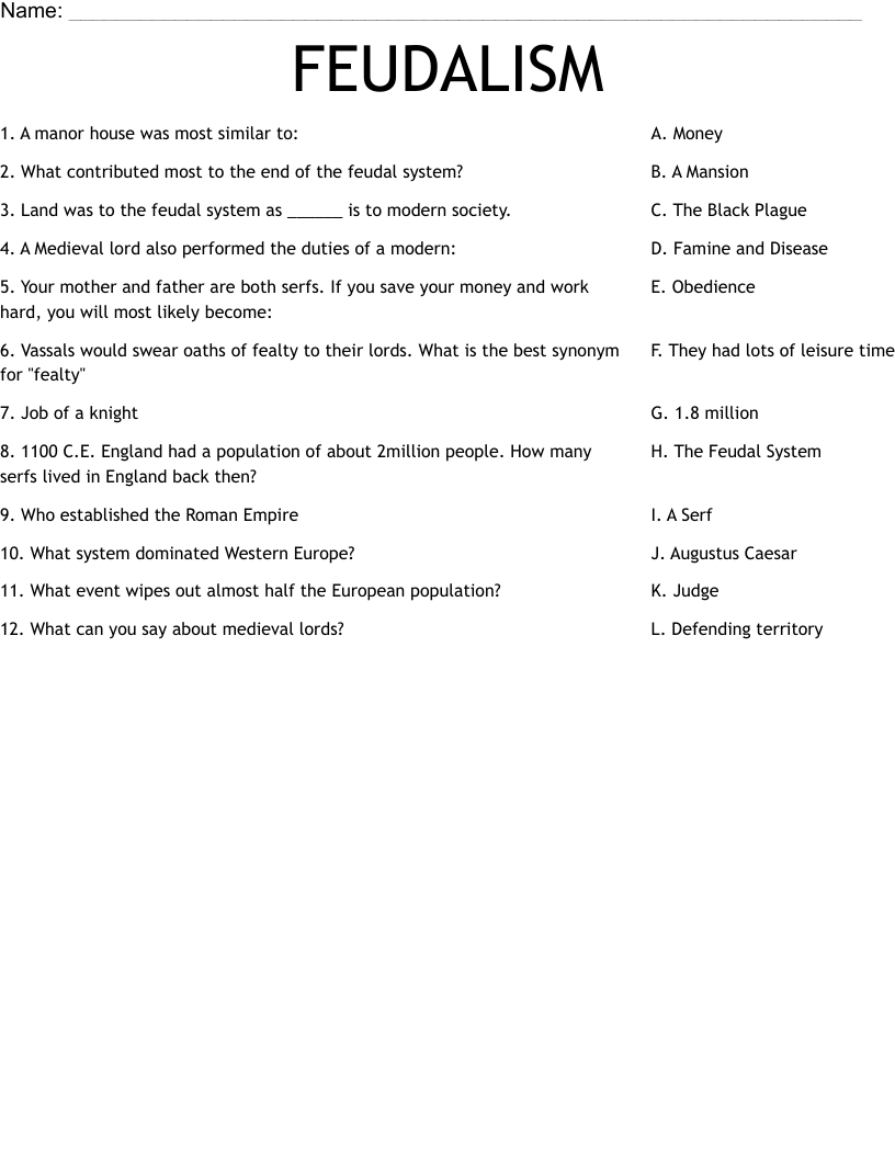 FEUDALISM Worksheet WordMint FEUDALISM Worksheet WordMint