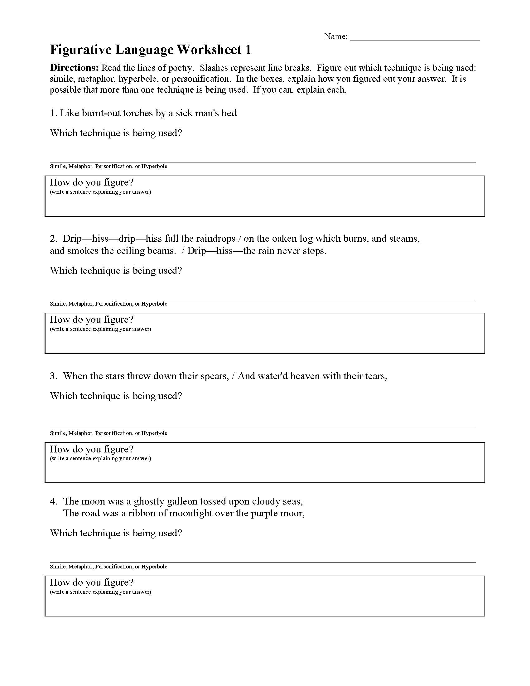 Figurative Language Worksheet 1 Reading Activity Figurative Language Worksheet 1 Reading Activity