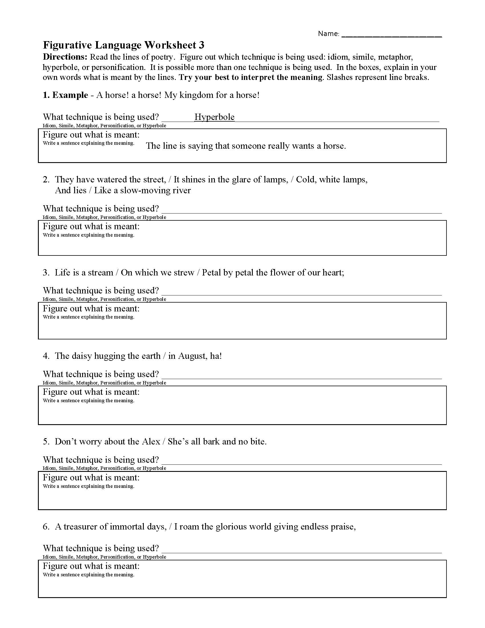 Figurative Language Worksheet 3 Reading Activity Figurative Language Worksheet 3 Reading Activity