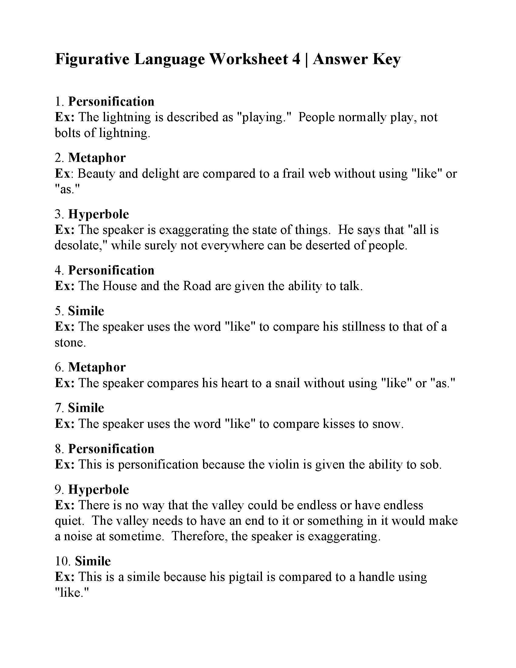 Figurative Language Worksheet 4 Reading Activity Figurative Language Worksheet 4 Reading Activity