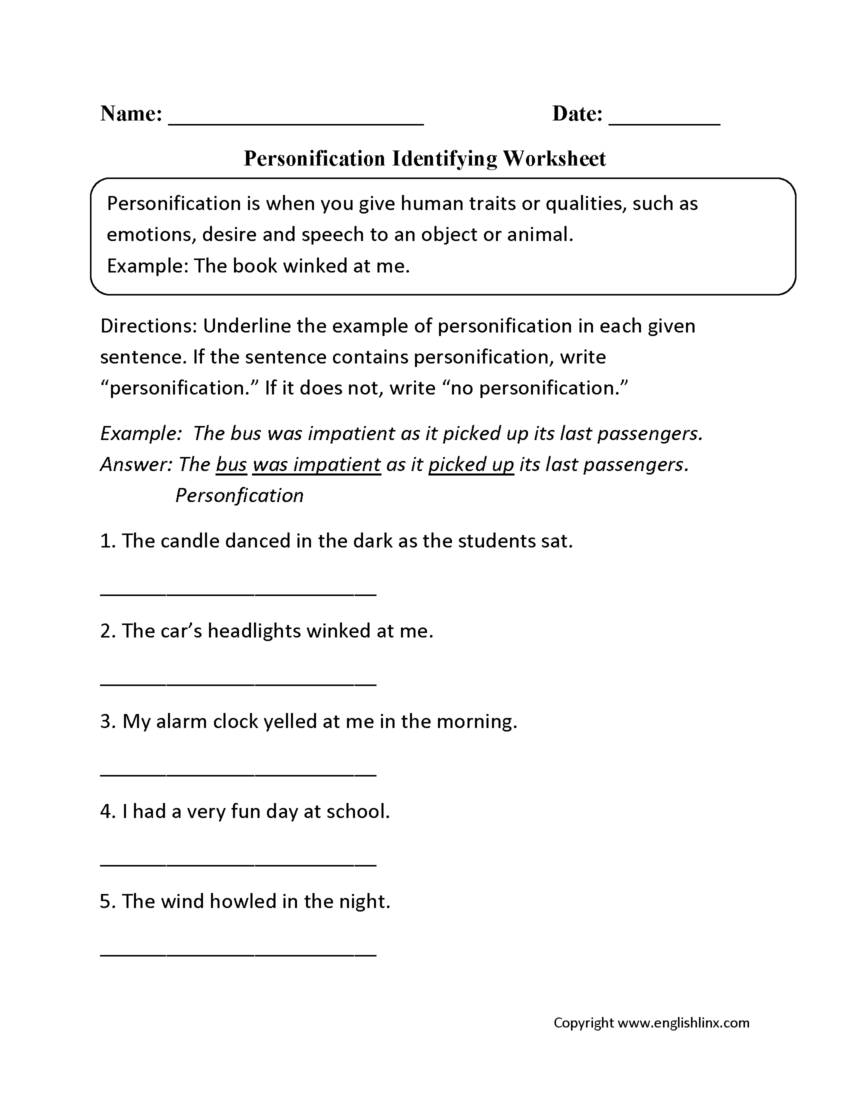 Figurative Language Worksheets Personification Worksheets Figurative Language Worksheets Personification Worksheets