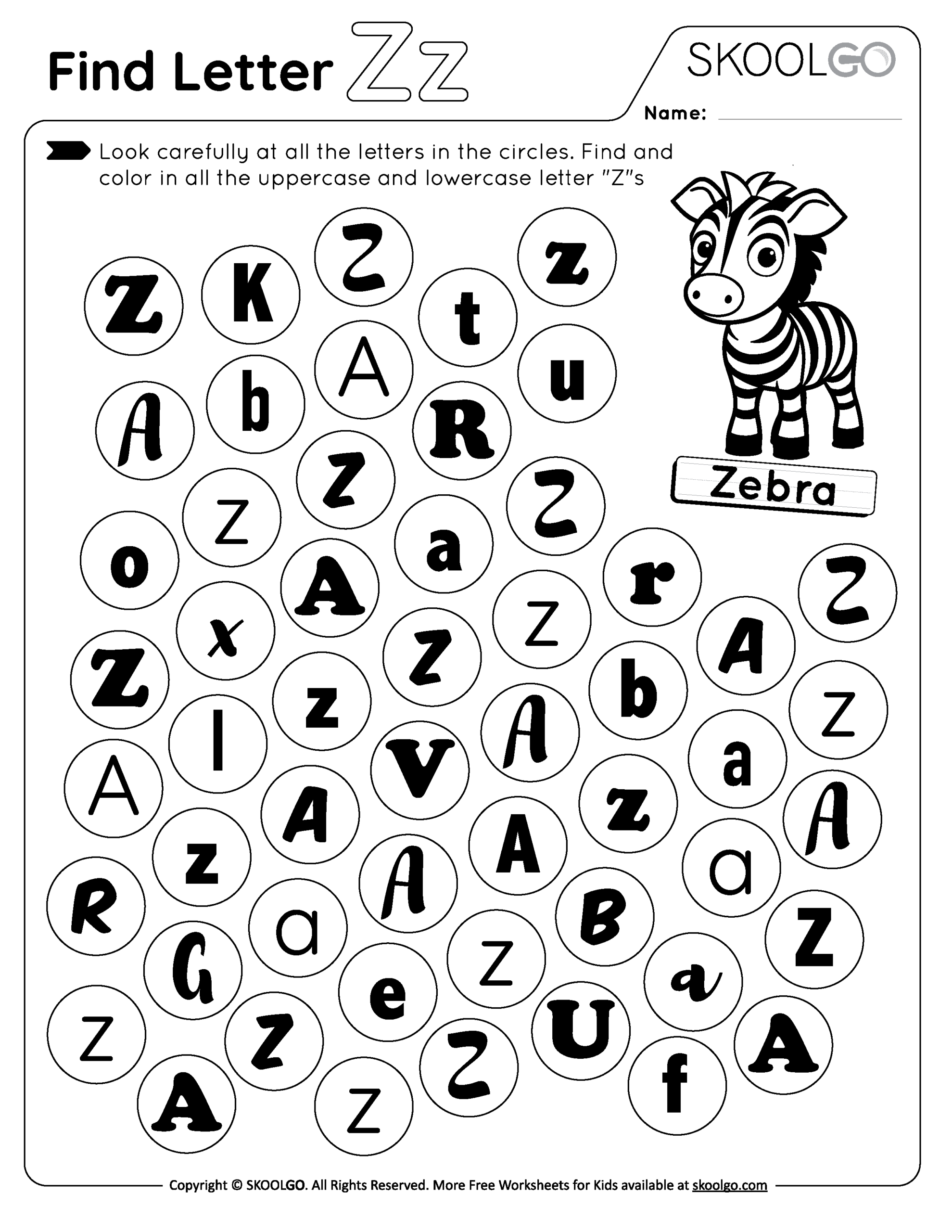 Find Letter Z Free Worksheet For Kids SKOOLGO