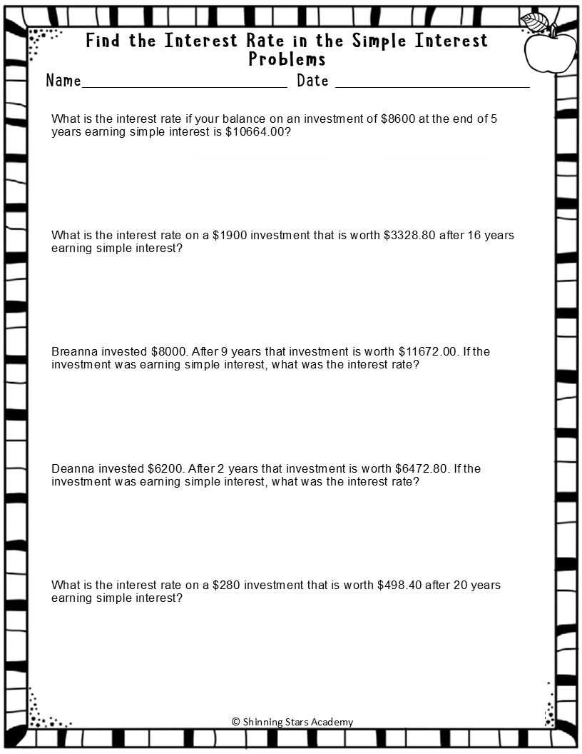 Find The Interest Rate In Simple Interest Problems Worksheets Math Teaching Resources