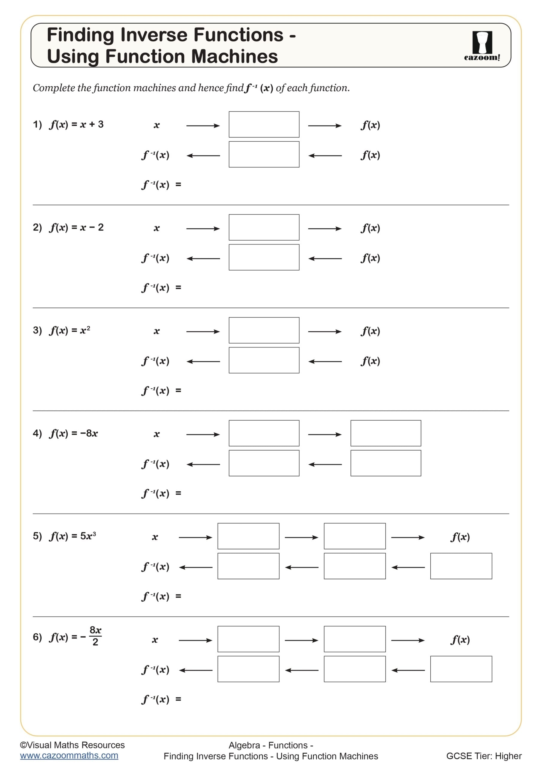 Finding Inverse Functions Using Function Machines Worksheet Fun And Engaging Year 10 And Year 11 Algebra Worksheet Finding Inverse Functions Using Function Machines Worksheet Fun And Engaging Year 10 And Year 11 Algebra Worksheet