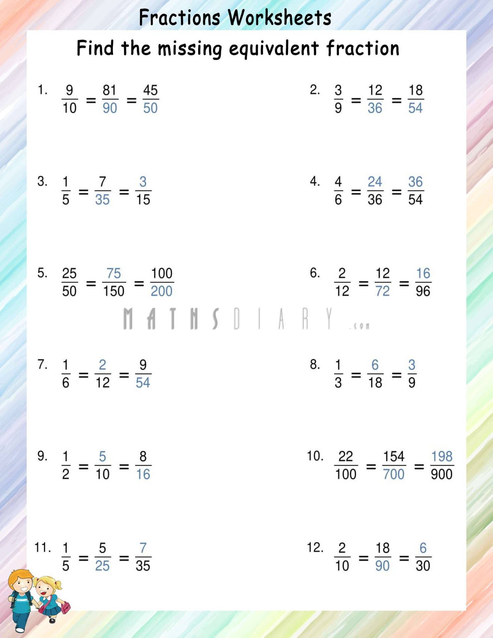 Finding Multiple Missing Equivalent Fractions Math Worksheets MathsDiary Finding Multiple Missing Equivalent Fractions Math Worksheets MathsDiary