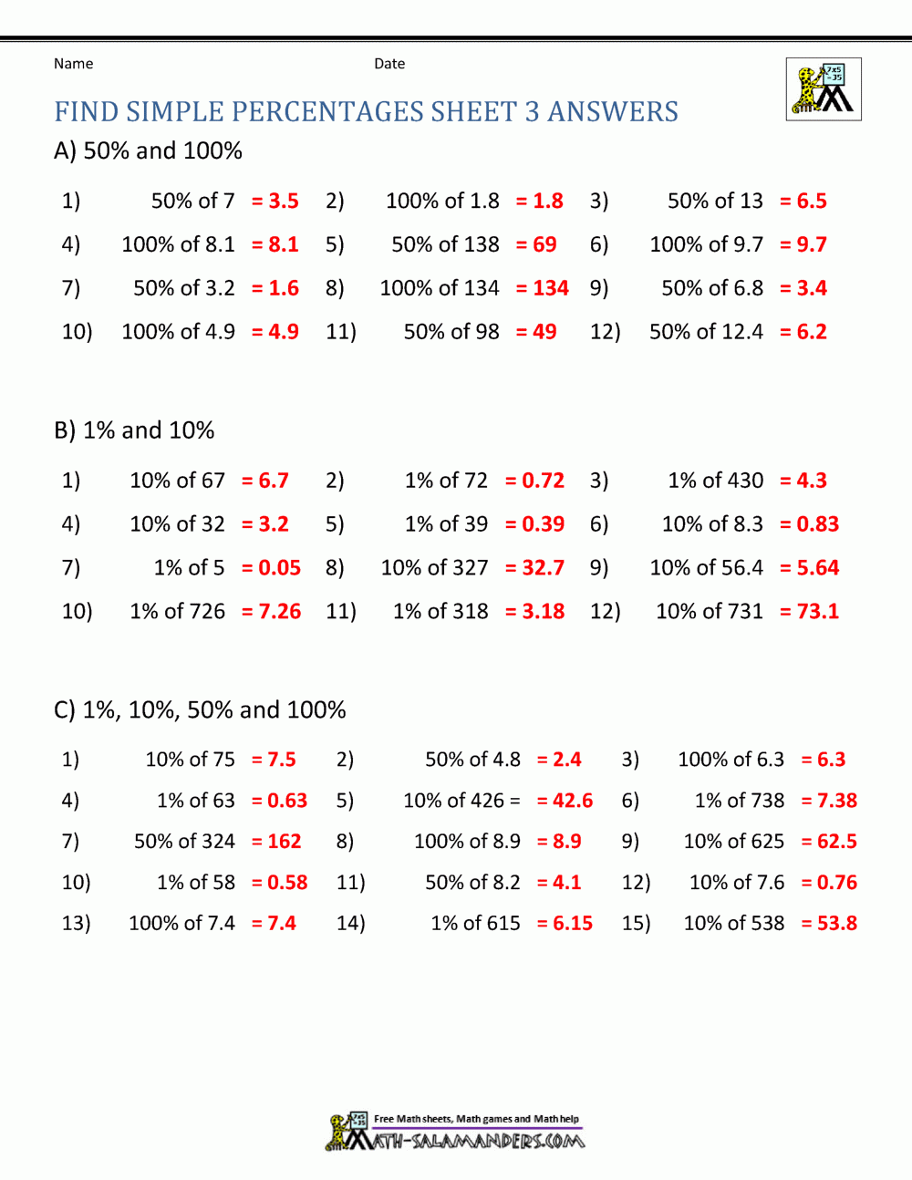Finding Percentage Worksheets