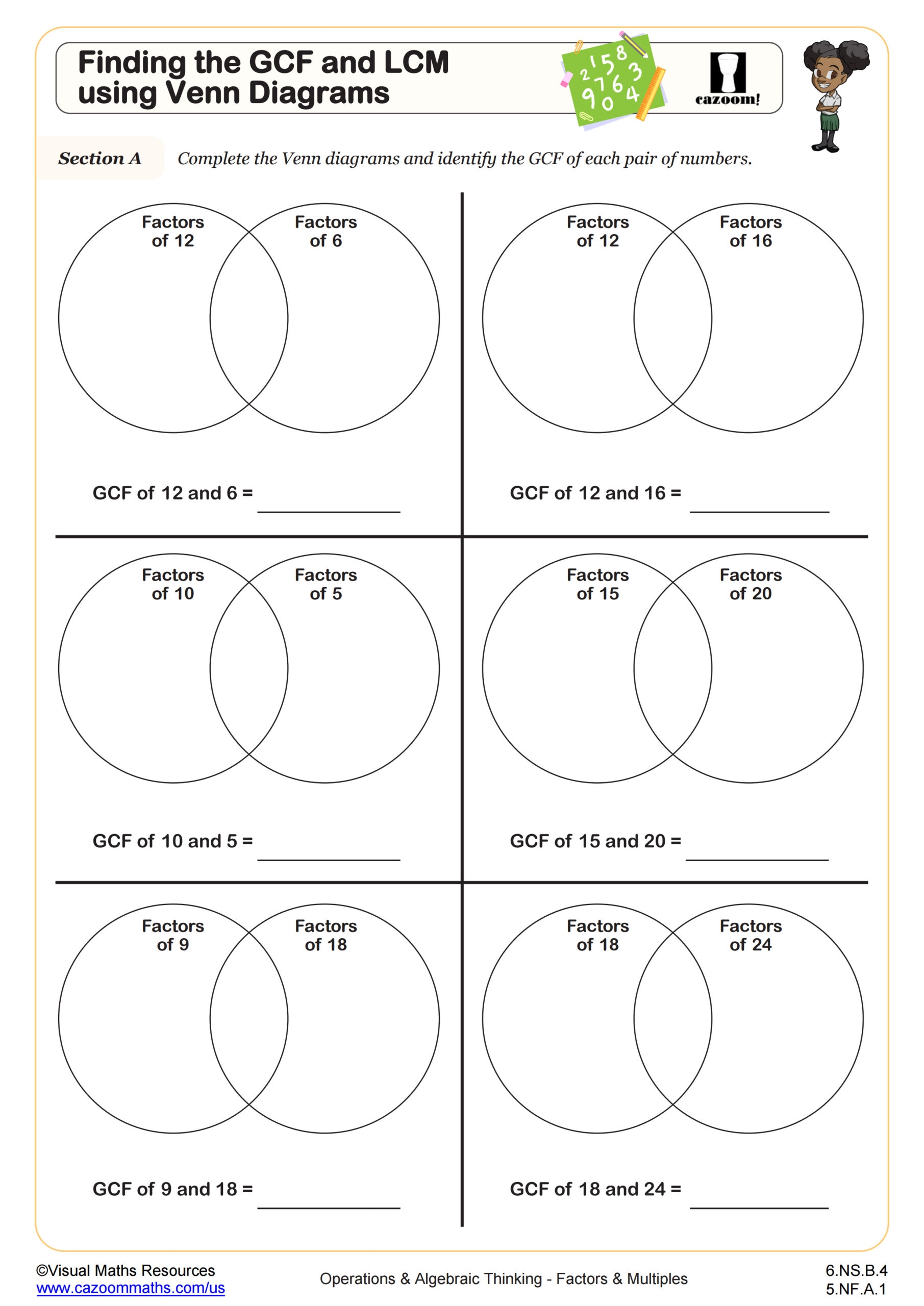 Finding The GCF And LCM Using Venn Diagrams Worksheet Fun And Engaging 6th Grade PDF Worksheets Cazoom Math Finding The GCF And LCM Using Venn Diagrams Worksheet Fun And Engaging 6th Grade PDF Worksheets Cazoom Math