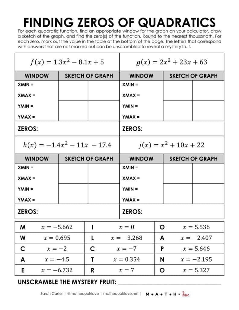 Finding Zeros Of Quadratics Worksheet Free Printable PDF Finding Zeros Of Quadratics Worksheet Free Printable PDF