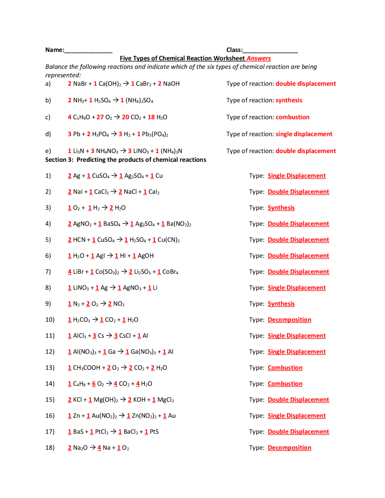 Five Types Of Chemical Reactions Worksheet Answers And Identification Summaries Chemistry Docsity Five Types Of Chemical Reactions Worksheet Answers And Identification Summaries Chemistry Docsity