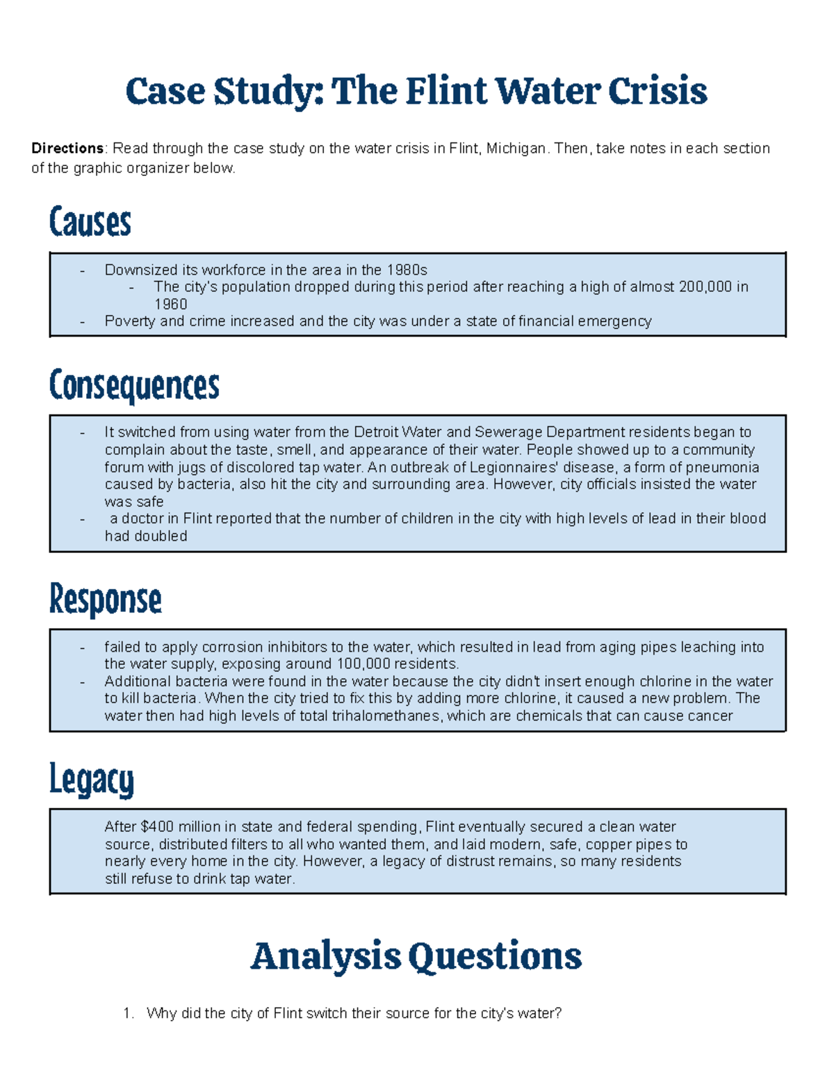 Flint Water Crisis Case Study Worksheet Analysis And Notes Studocu Flint Water Crisis Case Study Worksheet Analysis And Notes Studocu
