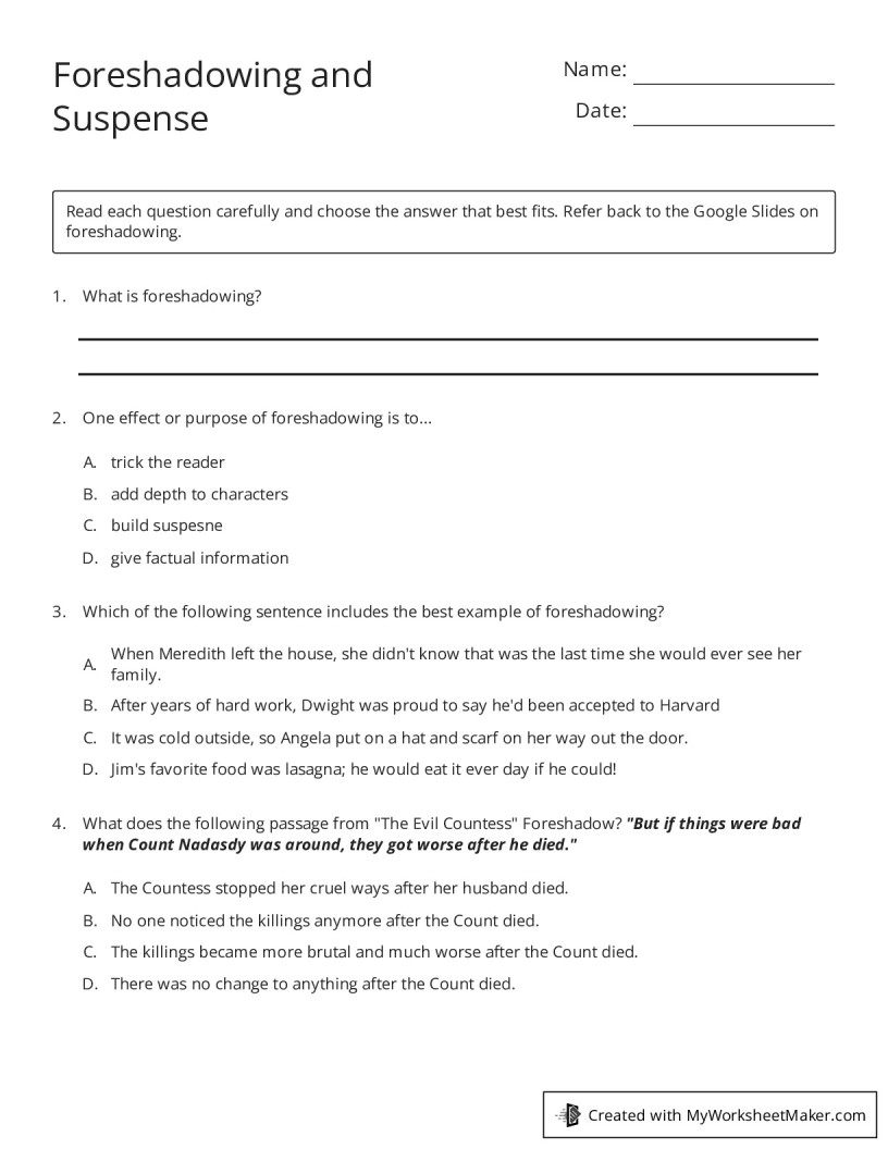 Foreshadowing And Suspense My Worksheet Maker Create Your Own Worksheets