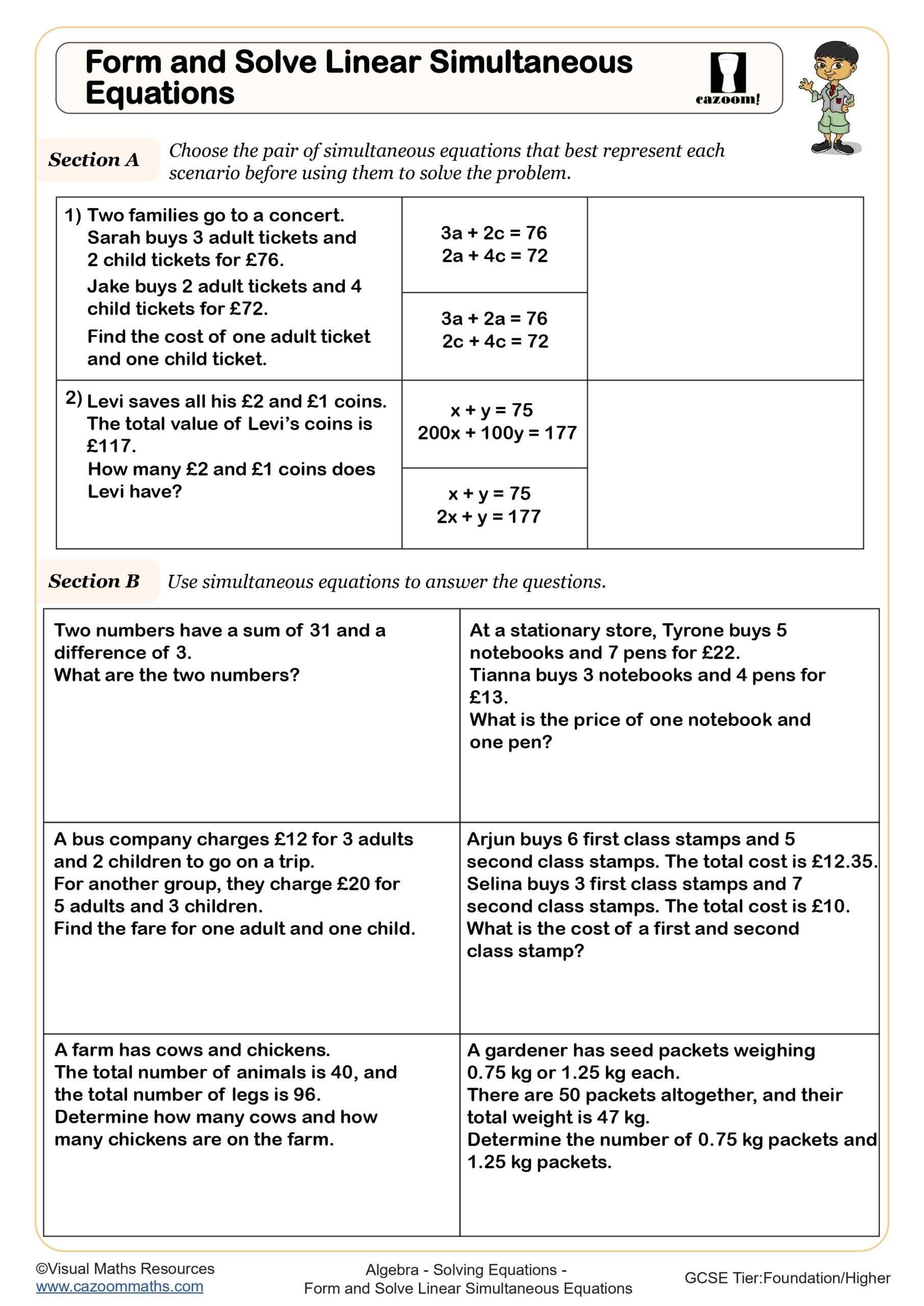 Form And Solve Linear Simultaneous Equations Worksheet Fun And Engaging Year 10 And Year 11 Algebra Worksheet Form And Solve Linear Simultaneous Equations Worksheet Fun And Engaging Year 10 And Year 11 Algebra Worksheet