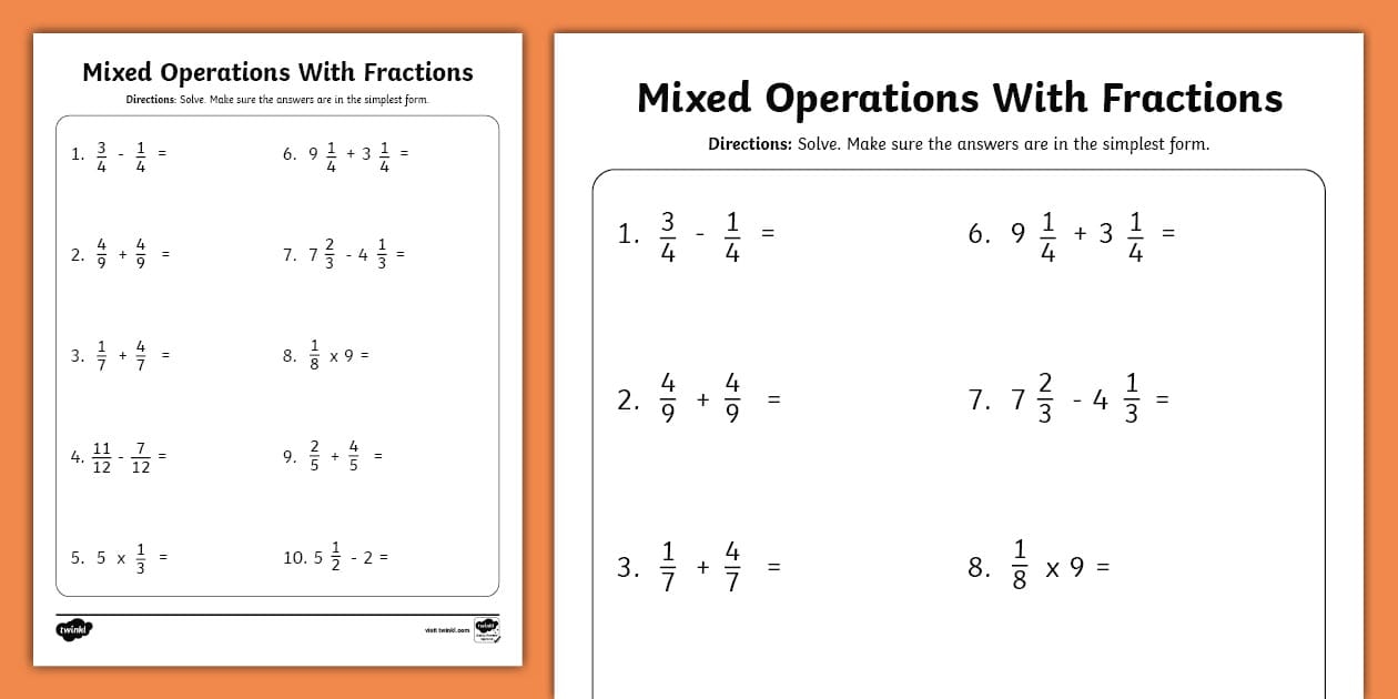 Fourth Grade Mixed Operations With Fractions Worksheet Fourth Grade Mixed Operations With Fractions Worksheet
