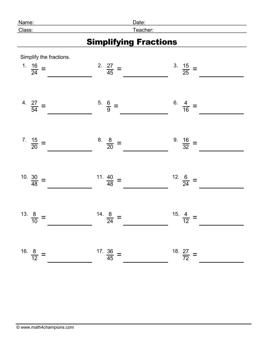 simplifying fractions worksheet with answers pdf