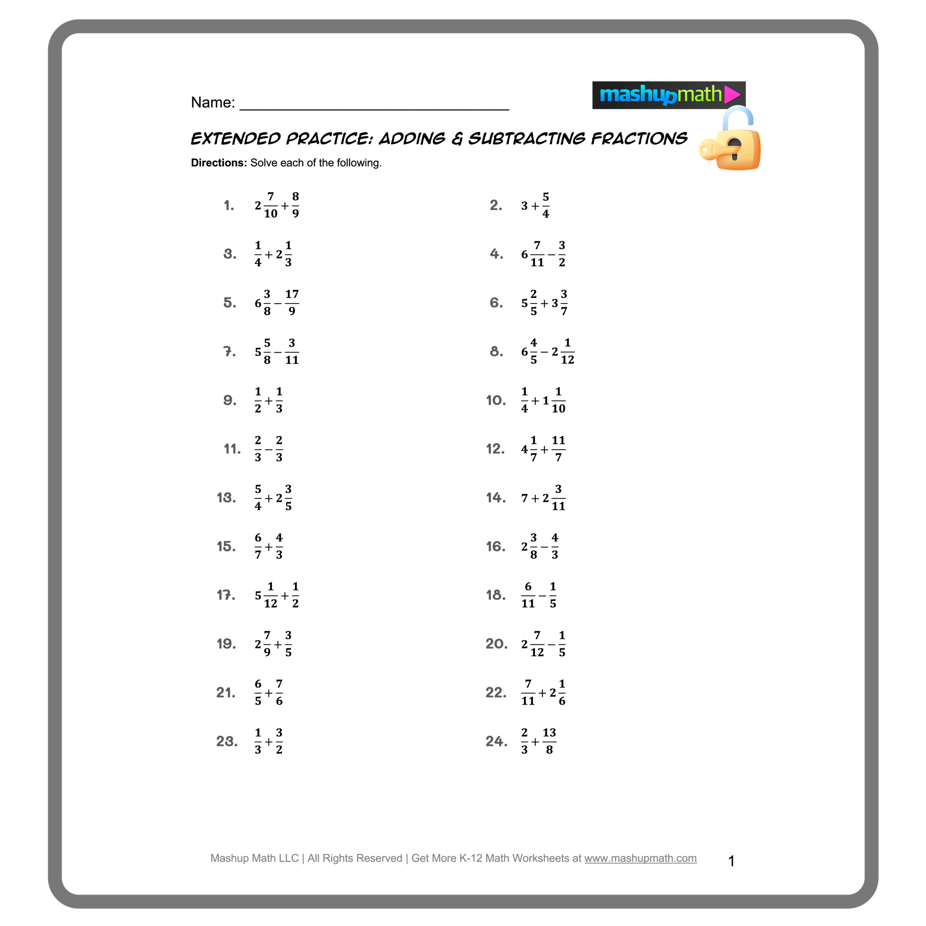 Free Adding And Subtracting Fractions Worksheets Mashup Math