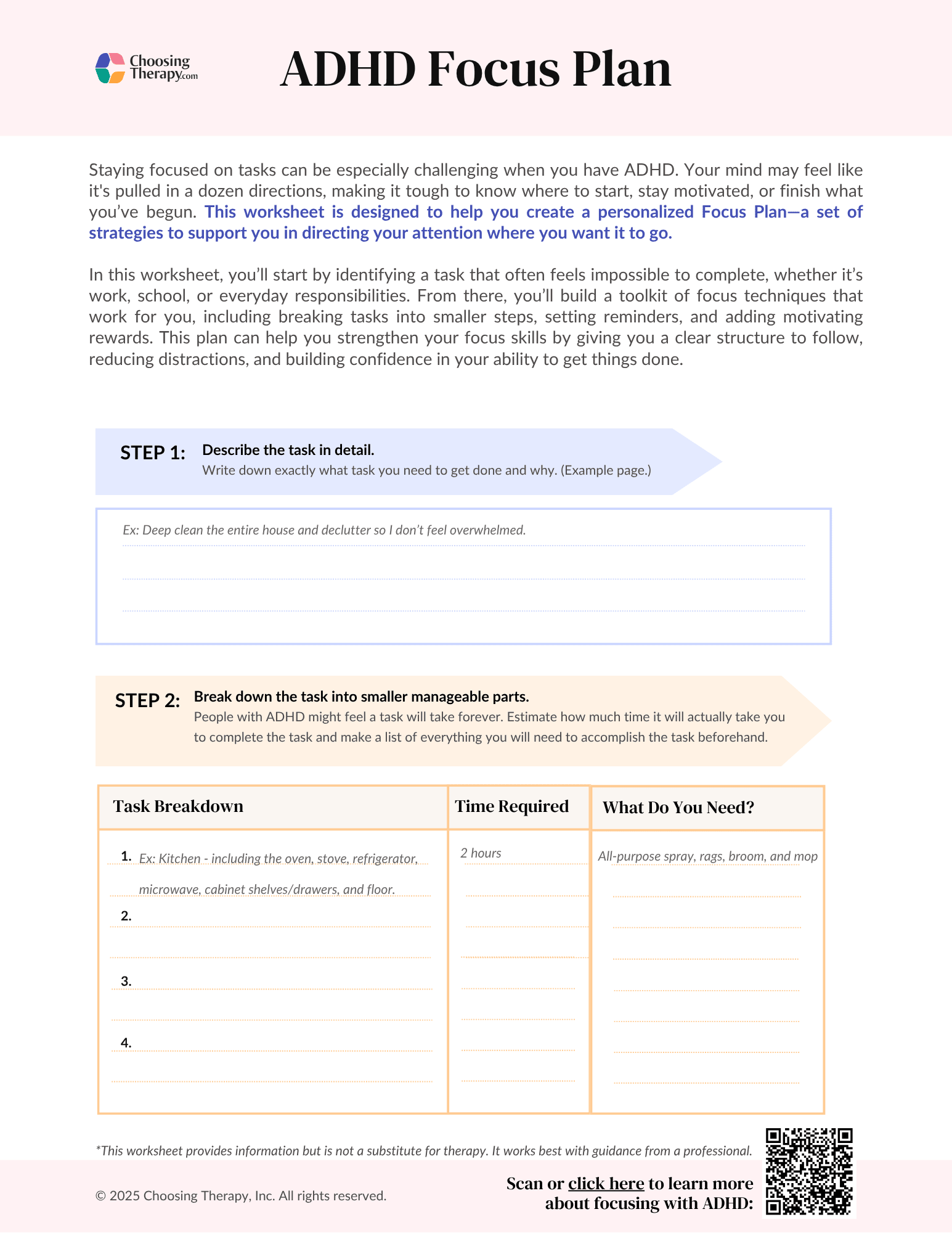 Free ADHD Focus Plan Worksheet PDF Download ChoosingTherapy