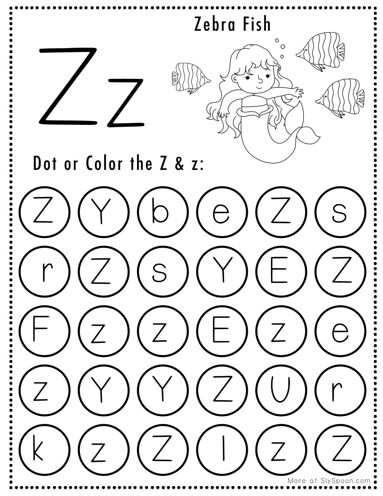 Free Alphabet Do A Dot Printables Worksheets Letter Z Mermaid Themed Sly Spoon