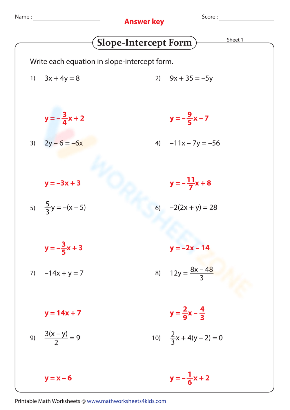 Free Answer Key Slope Intercept Form Worksheet Collection Worksheets Library Free Answer Key Slope Intercept Form Worksheet Collection Worksheets Library