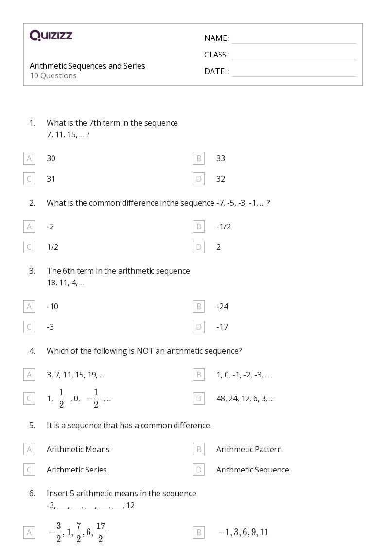 arithmetic sequences worksheet with answers pdf