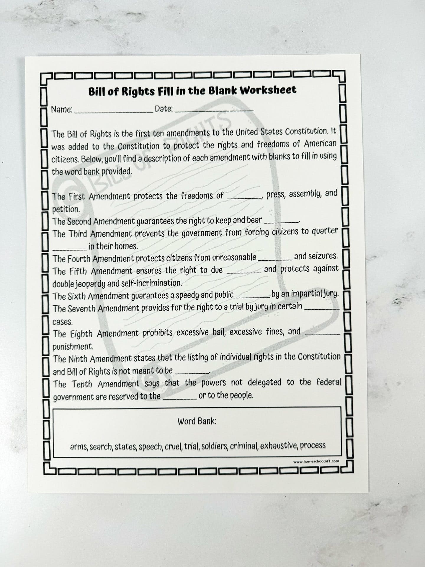 Free Bill Of Rights Worksheet Fill In The Blank 
