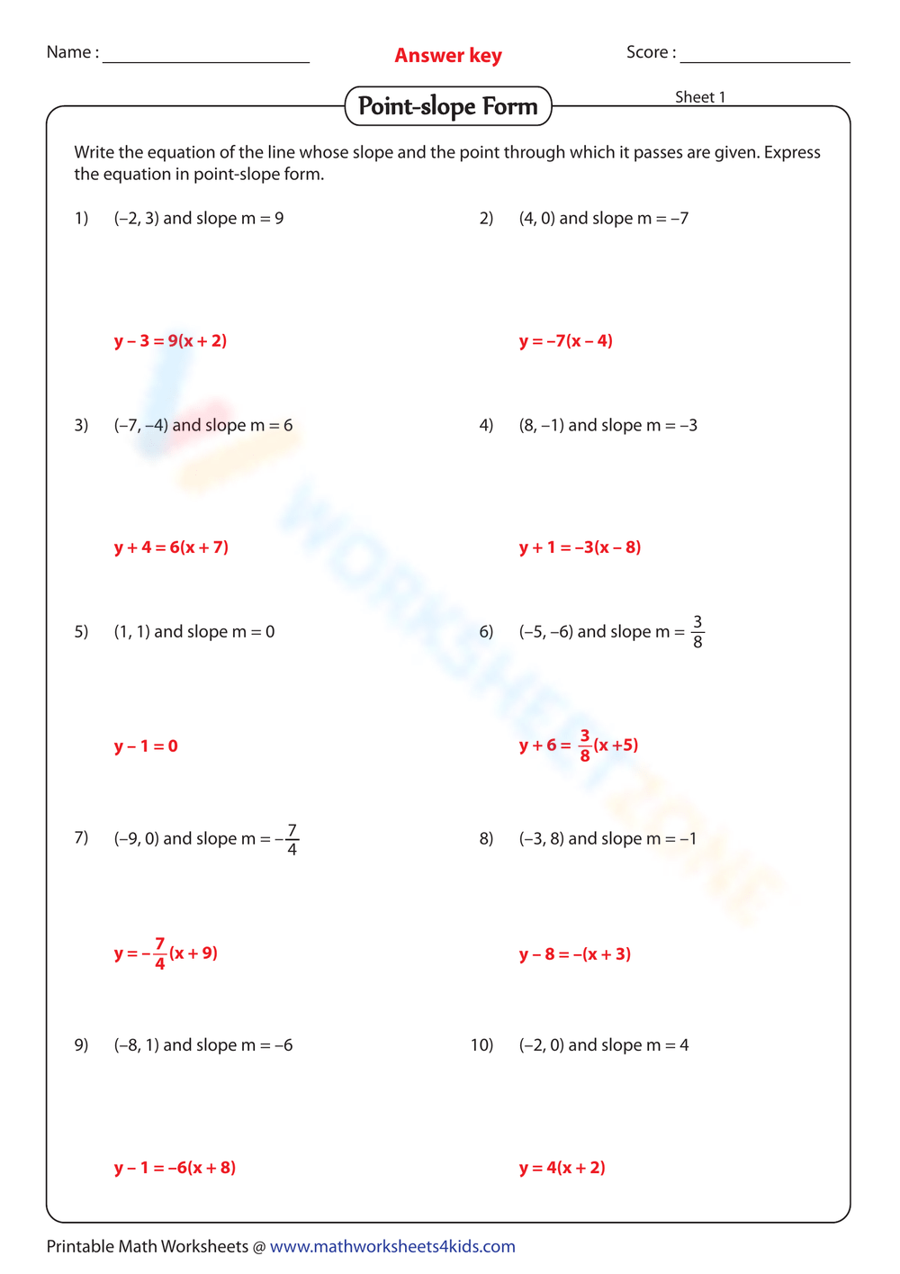 point slope form worksheet pdf