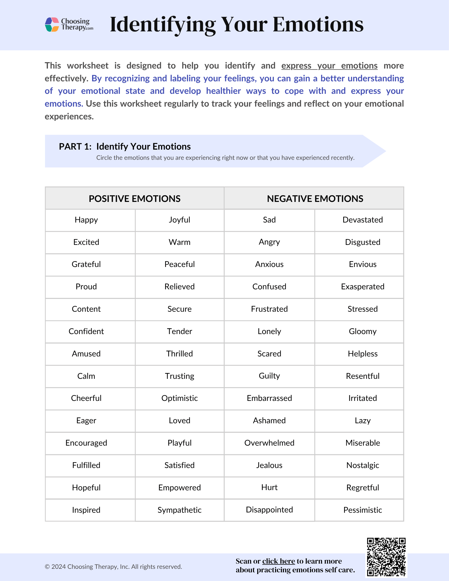 Free Identifying Emotions Worksheet PDF Download ChoosingTherapy
